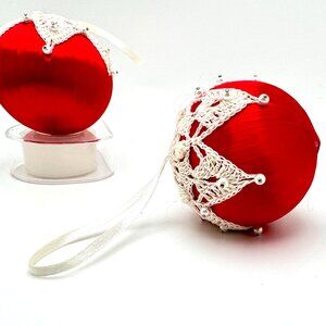 Vtg Handmade Red White Christmas Ornaments With Beaded Crochet Lace Satin Finish